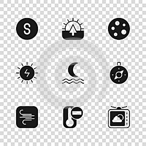 Set Thermometer, Compass, Weather forecast, Night fog smoke, Moon, south, Sunrise and Solar energy panel icon. Vector