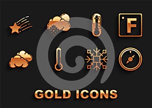 Set Thermometer, Fahrenheit, Wind rose, Snowflake, Cloud, Falling star and with snow and sun icon. Vector