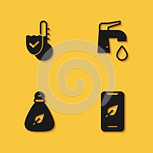 Set Thermometer, Mobile phone with leaf, Garbage bag and Water tap icon with long shadow. Vector
