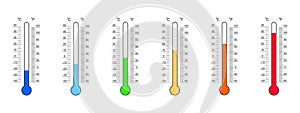 Set of thermometer readouts with Celsius and Fahrenheit degree scales and numbers from cold to heat. Meteorology