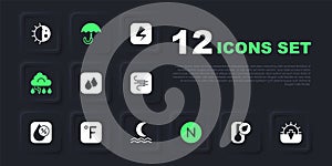 Set Thermometer, Sunset, Water drop, Compass north, Cloud and lightning, Fahrenheit, Umbrella and Night fog smoke icon