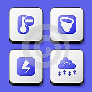 Set Thermometer, Tornado, Lightning bolt and Cloud with snow icon. White square button. Vector