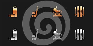 Set Thermos container, Ice hockey stick and puck, Skates and Ski sticks icon. Vector