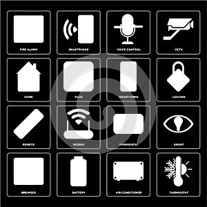 Set of Thermostat, Air conditioner, Browser, Remote, Smart home, Home, Voice control, Fire alarm icons