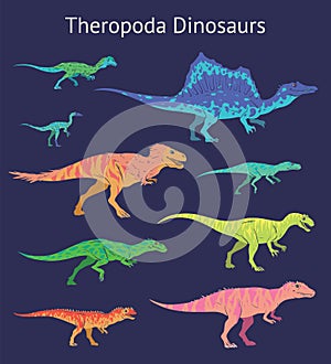 Set of theropoda dinosaurs. Colorful vector illustration of dinosaurs isolated on blue background. Side view. Theropods photo