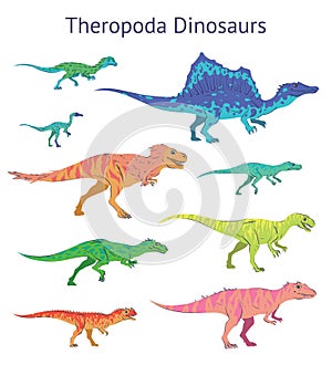 Set of theropoda dinosaurs. Colorful vector illustration of dinosaurs isolated on white background. Side view. Theropods photo