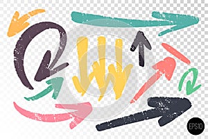 Set of thick arrows various shapes and coors. Hand drawn artistic notes. Hand drawn design elements. Vector freehand