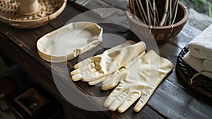 A set of thick rubberized gloves worn by the practitioner to protect their hands during the application of hot cups