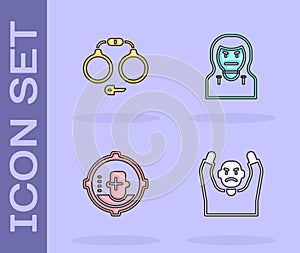 Set Thief surrendering hands up, Handcuffs, Headshot and mask icon. Vector