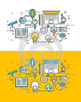 Set of thin line flat design concept on the theme of the research process