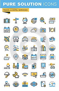 Set of thin line flat design icons of travel and hotel services