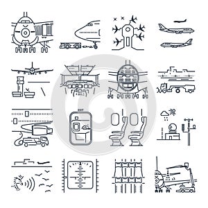 Set of thin line icons airport and airplane, ground handling