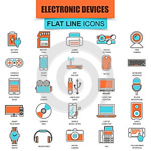 Set of thin line icons computer electronics and multimedia devices