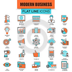 Set of thin line icons doing business using marketing technology ideas