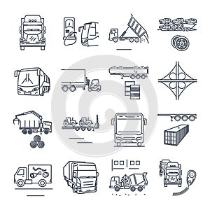 Set of thin line icons freight and passenger road transport, truck