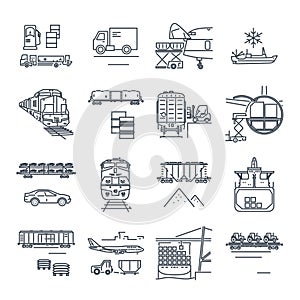 Set of thin line icons freight transport process, goods