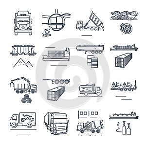 Set of thin line icons freight transport process, goods