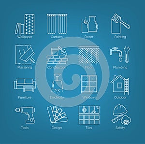 A set of thin line icons for house design, repair, construction, decoration, renovation. Including tolls, activities and