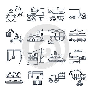 Set of thin line icons loading and unloading of goods