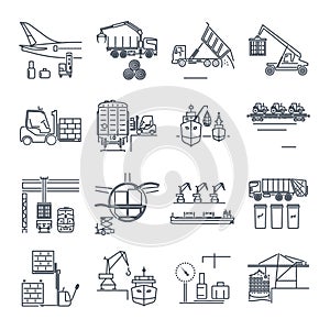 set of thin line icons loading and unloading of goods, handling, storage