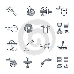 Set of thin line icons manufacture of wood