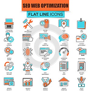 Set of thin line icons search engine optimization tools