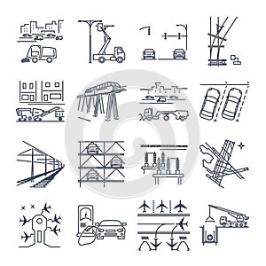 set of thin line icons transport infrastructure, road, air