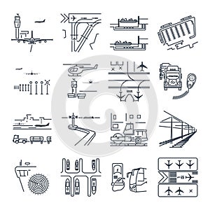 Set of thin line icons transport infrastructure, road, air