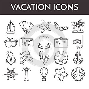 Set of thin line icons with vacation symbols. Traveling pictograms for websites, banners, infographic illustrations.
