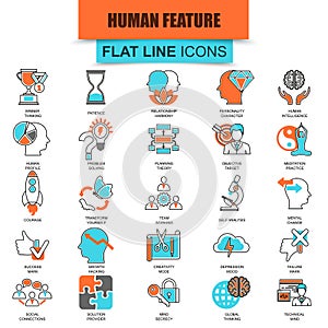 Set of thin line icons various mental features of human brain