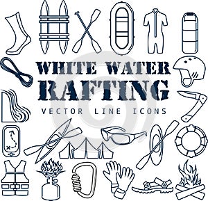 Set of Thin line Icons - white water rafting travel objects