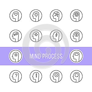 set of thin line mind process icon with heads