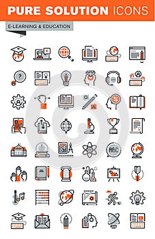 Set of thin line web icons of e-learning