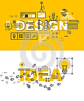 Set of thin line word banners of design and idea