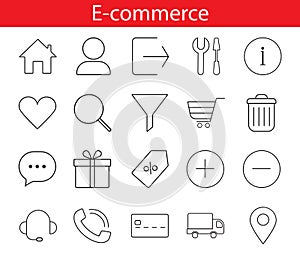 set of thin linear e-commerce icons internet store shopping online black on white background