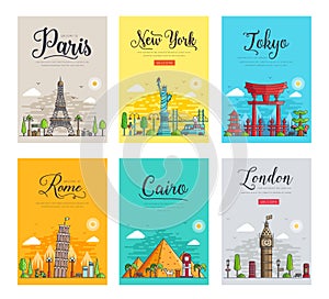 Set of thin lines different cities for travel destinations. Landmarks banner template of flyer, magazines, posters, book