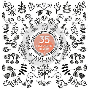 Set of thirty five unique elements. Black and white ornate photo