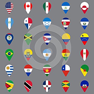 Set of thirty geolocation icons. Flags of North and South American countries in the form of geolocation icons. Geotag icons for yo
