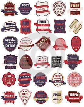 Set of Thirty Vector Badges with Ribbons.