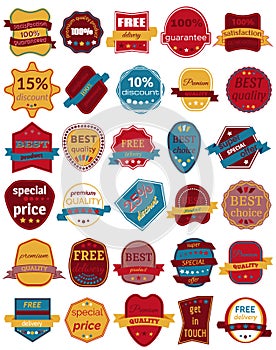 Set of Thirty Vector Badges with Ribbons. Web stickers and labels.