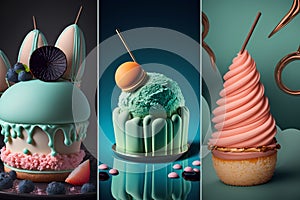 Set of three 3d illustrations of different ice cream desserts on a blue background