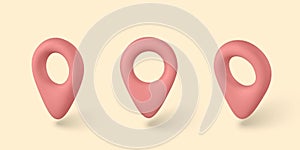 Set of three 3d pin point marker with shadow. Location icon on map. Vector illustration