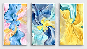 A set of three abstract acrylic posters in blue, yellow and pink colors