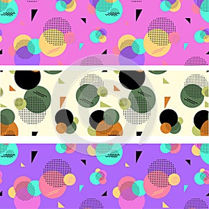 Set of three abstract colored banners from circles, dots and zig