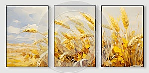 A set of three abstract creative oil paintings of golden wheat ears art illustrations