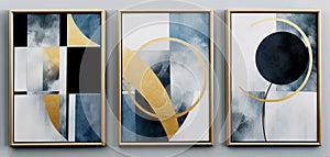 Set of three abstract geometric canvases with golden and blue colors photo