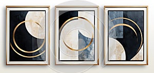 Set of three abstract geometric canvases with golden and dark blue colors