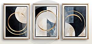 Set of three abstract geometric canvases with golden and dark blue colors photo