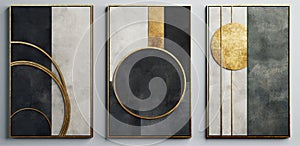 Set of three abstract geometric canvases with golden and dark gray colors