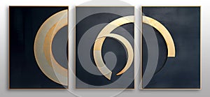 Set of three abstract geometric canvases with golden and dark gray colors